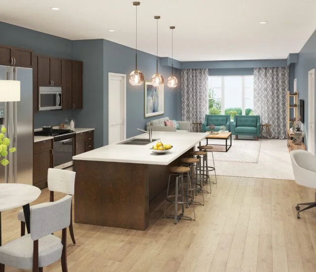 interior of apartment kitchen and living room